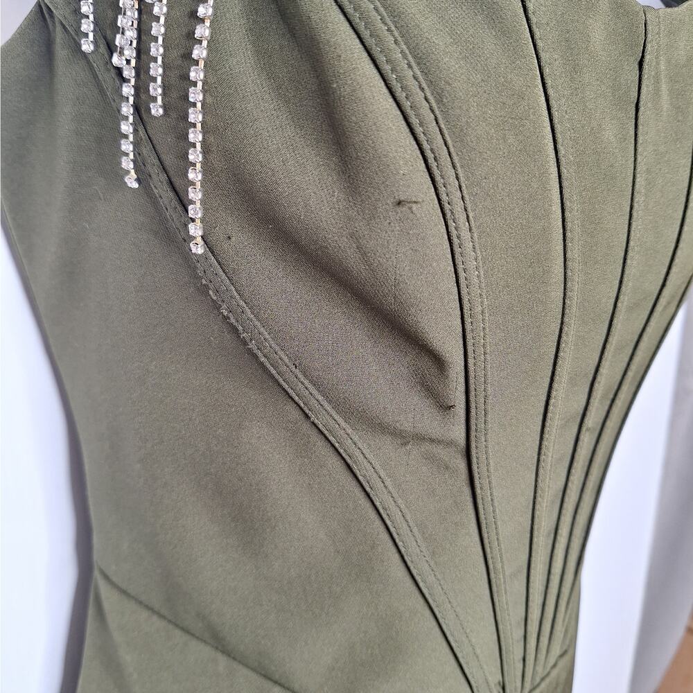 Lavish Alice Bardot Corset Mini Dress Beaded Fringe 8 Prom Swiftie Bling Khaki - Picture 10 of 13